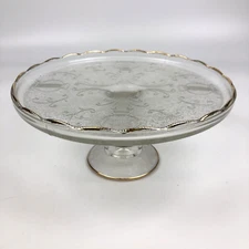 VTG Jeanette Glass Co Pedestal Cake Plate Stand Lyre & Harp Pattern Gold Rim