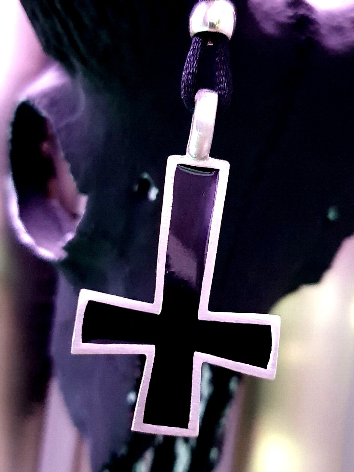 Inverted Cross Necklace Pendant Black Enamelled Satan Lucifer Petrine Cross Cord