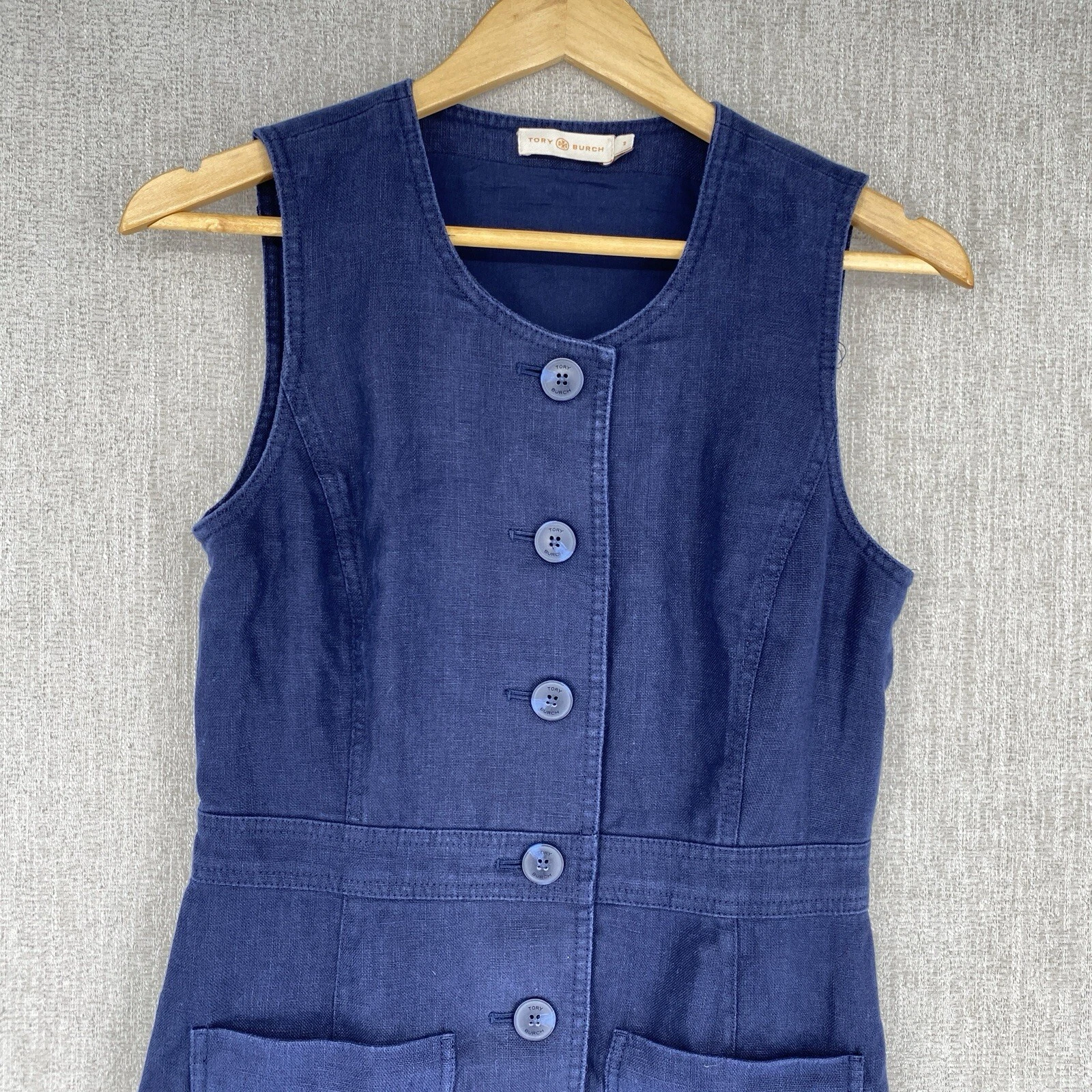 Abito Tory Burch donna 2 blu denim lino smanicato bottoni tasca cambio jeans