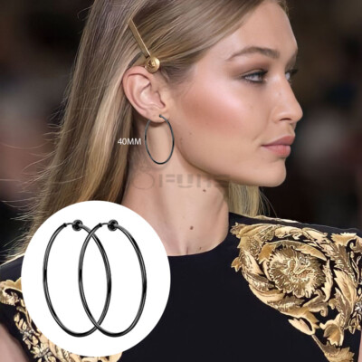 Spring Clip On Hoop Earrings 40MM Black Circle Surgical Stainless