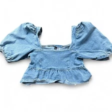 Women's Puff Denim Sleeve Cropped Top H&M Divided Boho Preppy XS