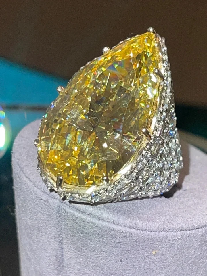 Pear Yellow Citrine & Marquise Simulated Sapphire Heavy Luxury Wedding Lady Ring - Image 3 of 4