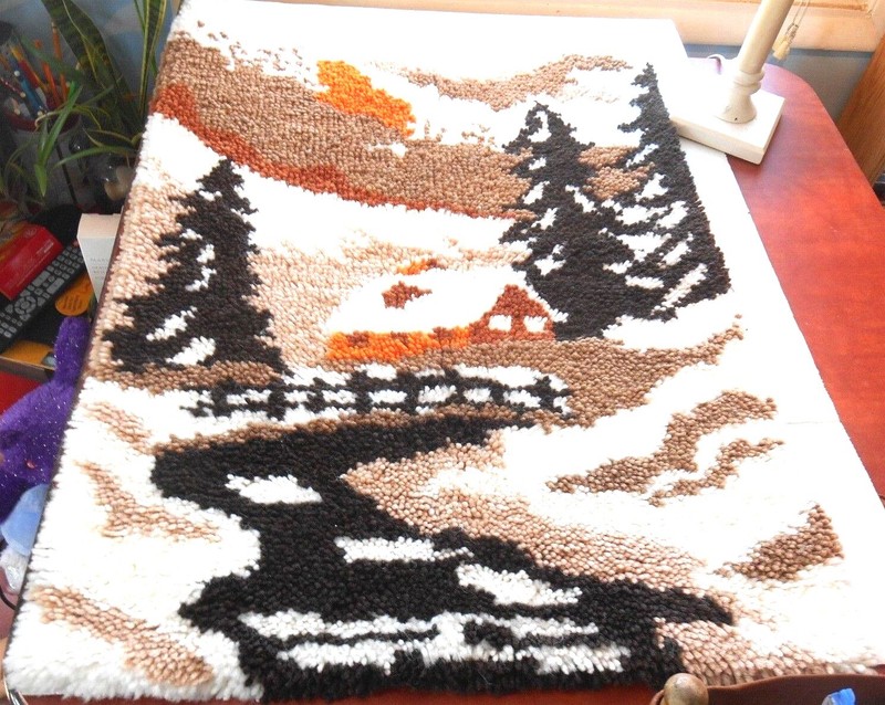 Vintage Mid Century Nature Woodland Cottage Stream Latch Hook Rug Wall Hanging 