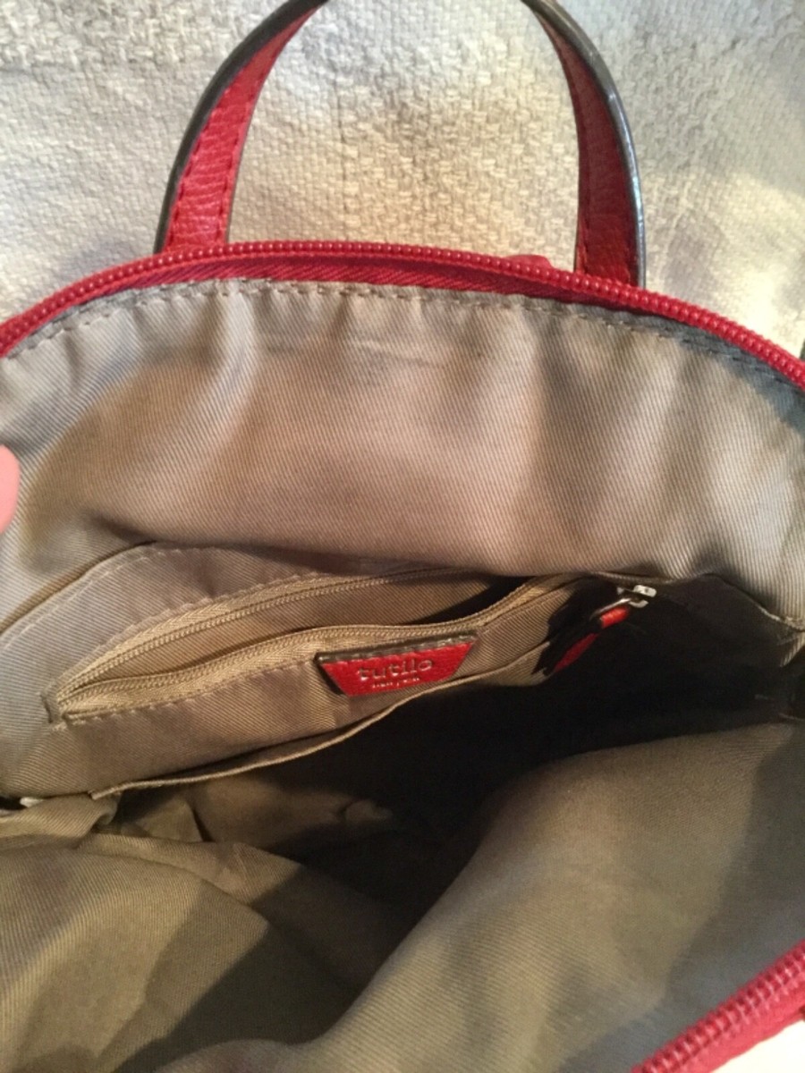 TUTILLO NY Red VEGAN Pebbled Faux Leather Sling Backpack  display picture 2
