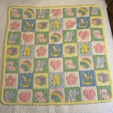 VTG Baby Blanket Pastel Animals Toys Flower Hand Stitched Quilted 80s Nursery