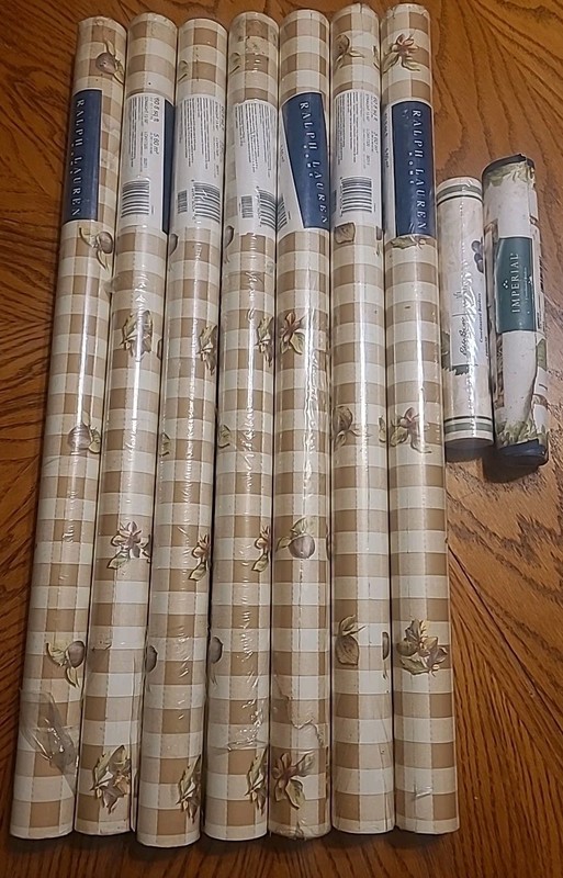 7 Ralph Lauren Vintage 90s Checkered Wallpaper - Floral & Beige Double Rolls NOS