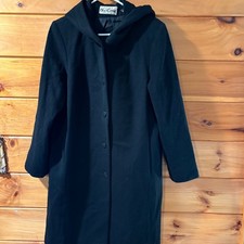 Oleg Cassini Vintage Black 100% Wool Hooded Overcoat Mid-Length Made in USA