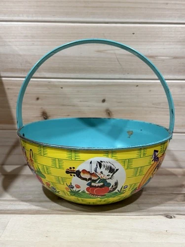 Vintage 1940’s J Chein & Co. Tin Litho Easter Basket Teal Nursery Rhyme Themed