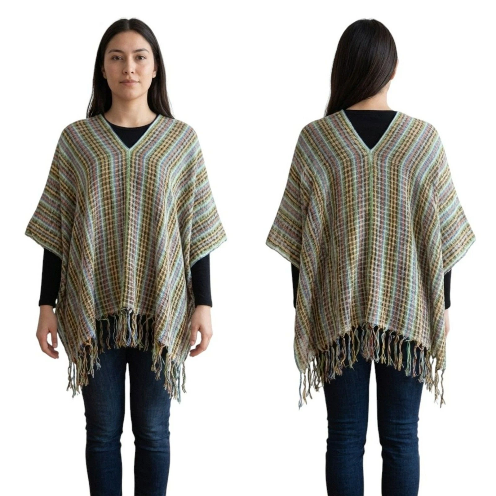 Handwoven Oaxaca Multicolor Fringe Poncho Shawl One Size Boho Artisan Mexico