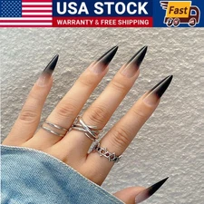 24pcs Long Stiletto Black Glossy Ombre Fake Nail Press On Nails False Nails Glue