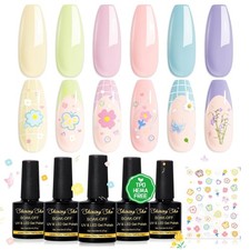 UV Nagellack Set Pastell Gel Manik&uuml;re 6 Farben Blumenaufkleber Fr&uuml;hling Sommer