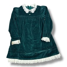 Vtg 80s Peach's N Cream Girl s Dress Teal Green Size 6x Velour Eyelet Lace Trim