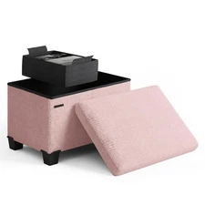 16" Pink Boucle Storage Ottoman Cube for living rooms; max 330lbs foot rest.