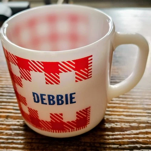 DEBBIE Name Mug Westfield Red White Gingham Checkered Milk Glass Cup Vintage 3"