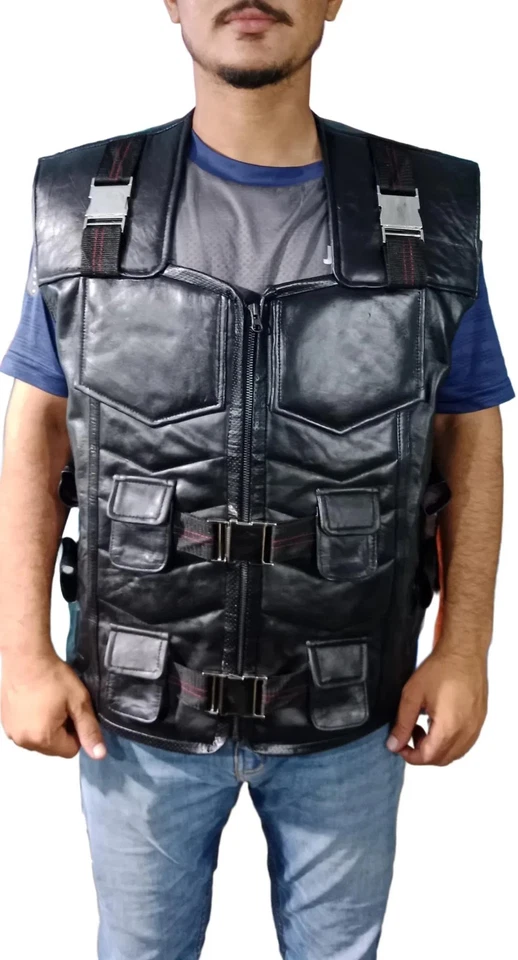 Tactical Black Genuine Leather Utility Vest Lambskin Combat Gear All Sizes - Image 2 of 4