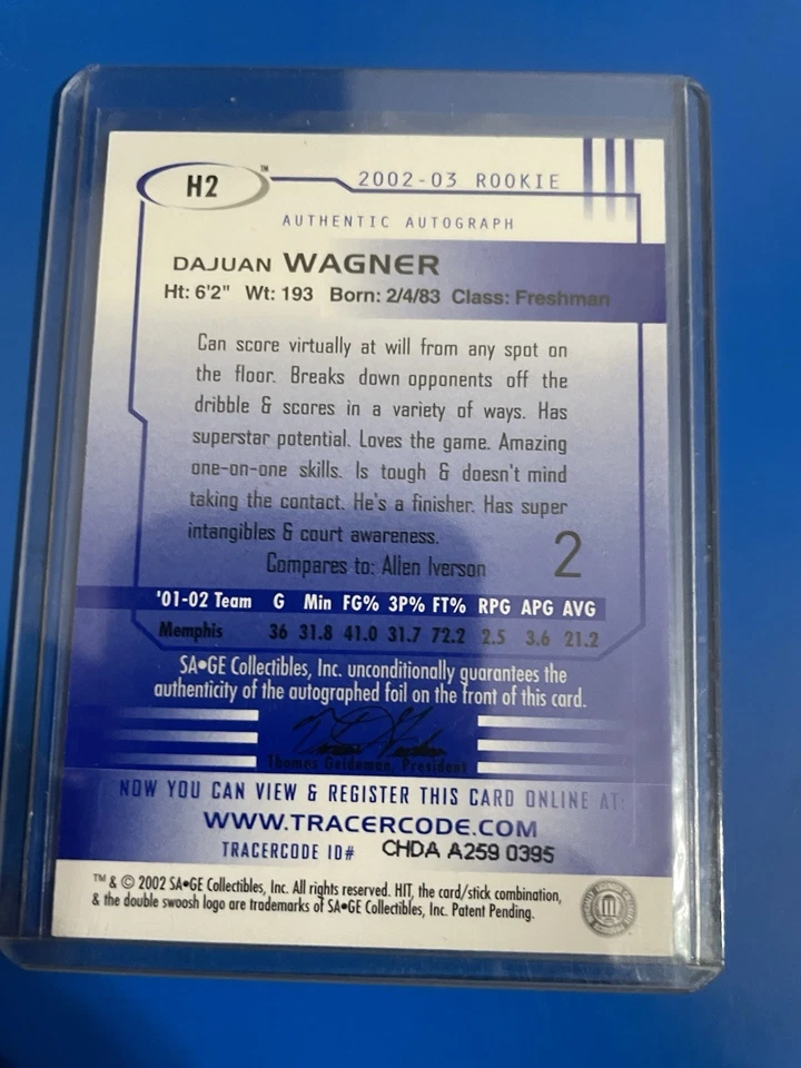Dajuan Wagner 2002 SAGE HIT Rookie Autograph Cleveland Cavaliers - Image 2 of 2