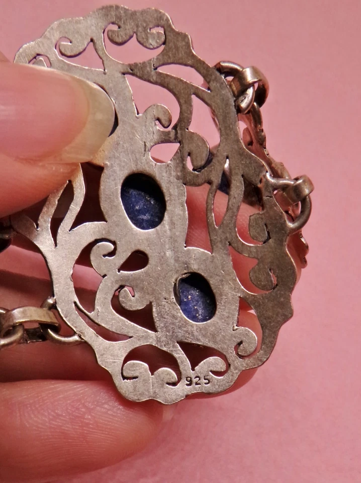 ARGENTO 925 STERLING bracelet bracciale lapis lazuli taxco Mexican style vintage - Immagine 4 di 4