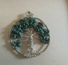 Handcrafted Tree Of Life Pendant Silver Tone With Faux Turquoise