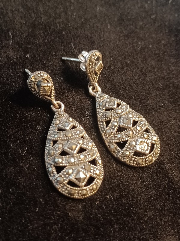 Teardrop Drop Marcasite Earrings Sterling Silver Detailed Vintage