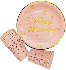 Disposable Paper Party Dinnerware plates for Birthday 24pc Pink Gold