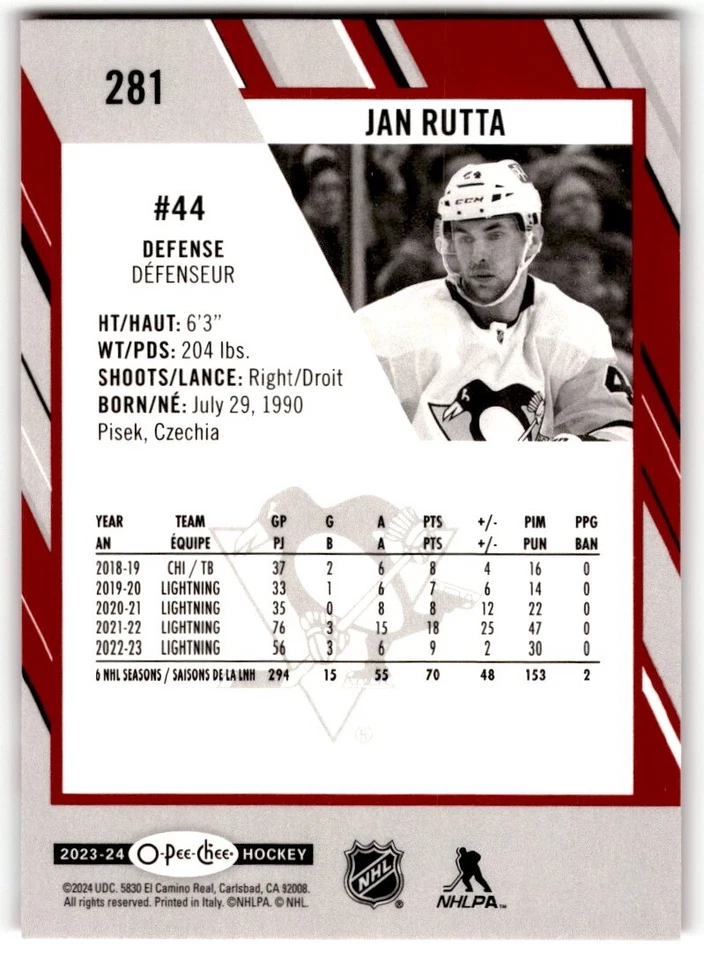 2023-24 O-Pee-Chee Red Border Jan Rutta #281 Pittsburgh Penguins - Image 2 of 2