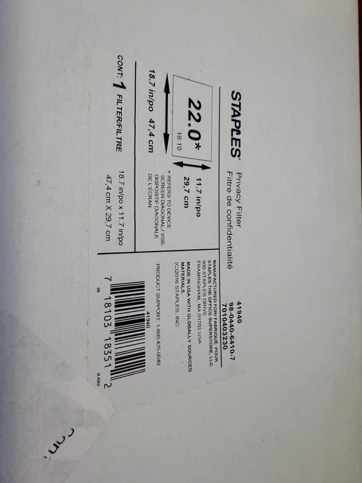 Staples Privacy Filter for 22" Widescreen Monitor, 16:10 - Image 2 of 2