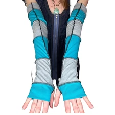 Long Striped Gloves Blue Hand Warmers Gray Armwarmers Patchwork Sleeves Covers