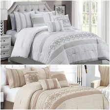 Ariel 7-Piece Geometric Chenille Embroidery Pleated Stripes Comforter Set