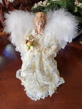 Angel Christmas Tree Topper Feathers Ivory and Gold 14.25"