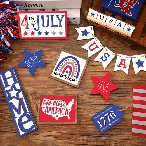 13 Pieces 4th Of July Tiered Tray Decor Patriotic Table Decor Wood Signs Indepen - Picture 6 of 7