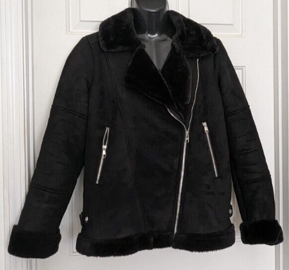 Steve Madden Womens Faux Shearling Coat Size M Black Exclusive for Macys
