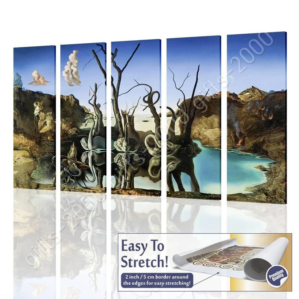Cisnes Elefantes Reflectantes 5 Paneles de Salvador Dalí | Lona (Enrollada) | Pared Foto 2 de 4