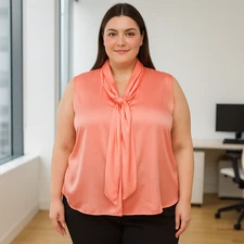 NWT Bar III Blouse Women XXL Orange Peach Necktie Career Office Suit Separate