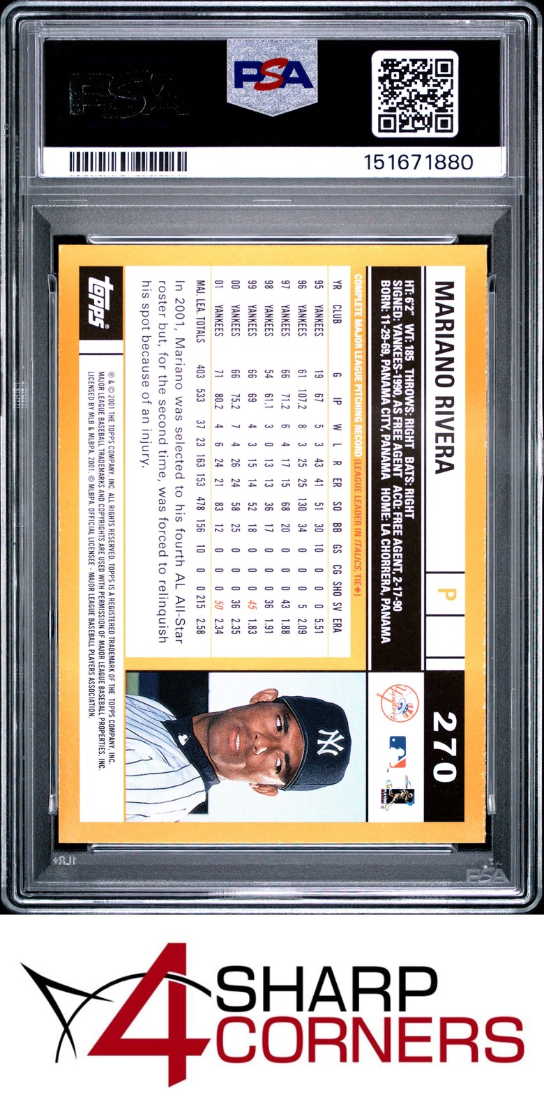 2002 TOPPS #270 MARIANO RIVERA YANKEES HOF PSA 10 view 2