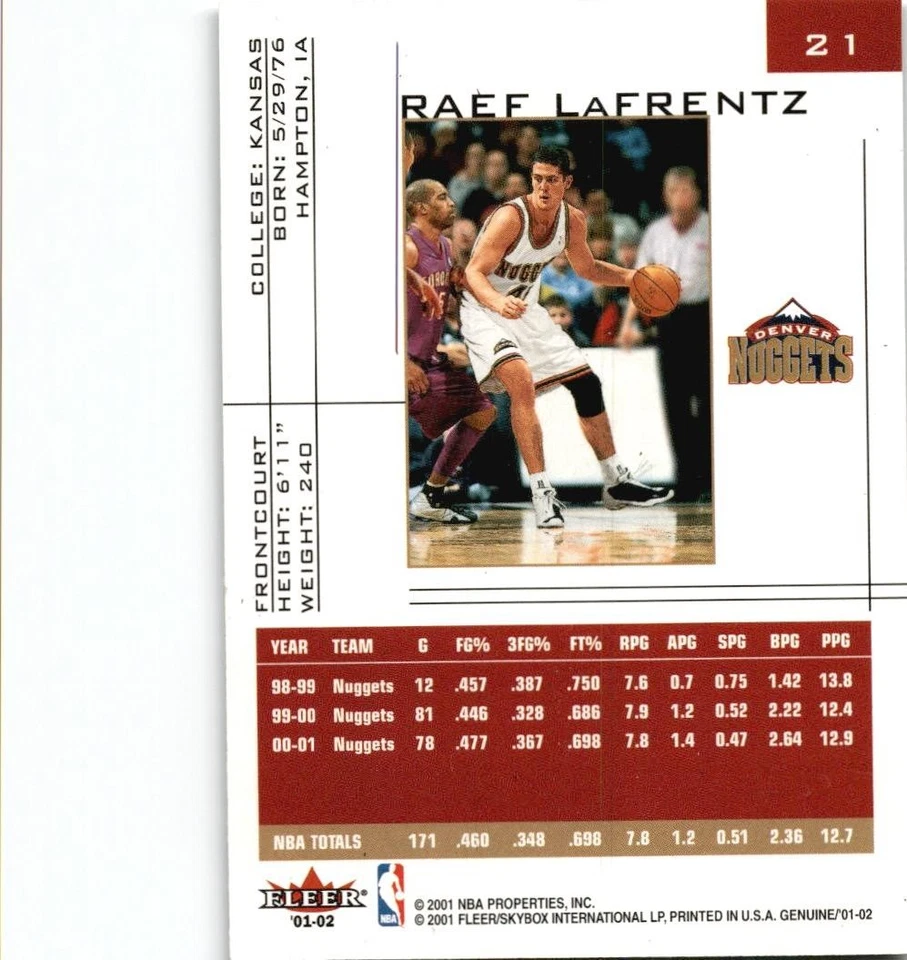 2001-02 Fleer Genuine #21 Raef LaFrentz GREAT CARD!! - Image 2 of 2