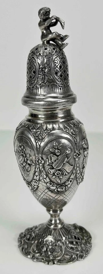 Antigua coctelera de azúcar en polvo alemana de plata 800 Luis XV rococó Repousse del siglo XIX Foto 4 de 4