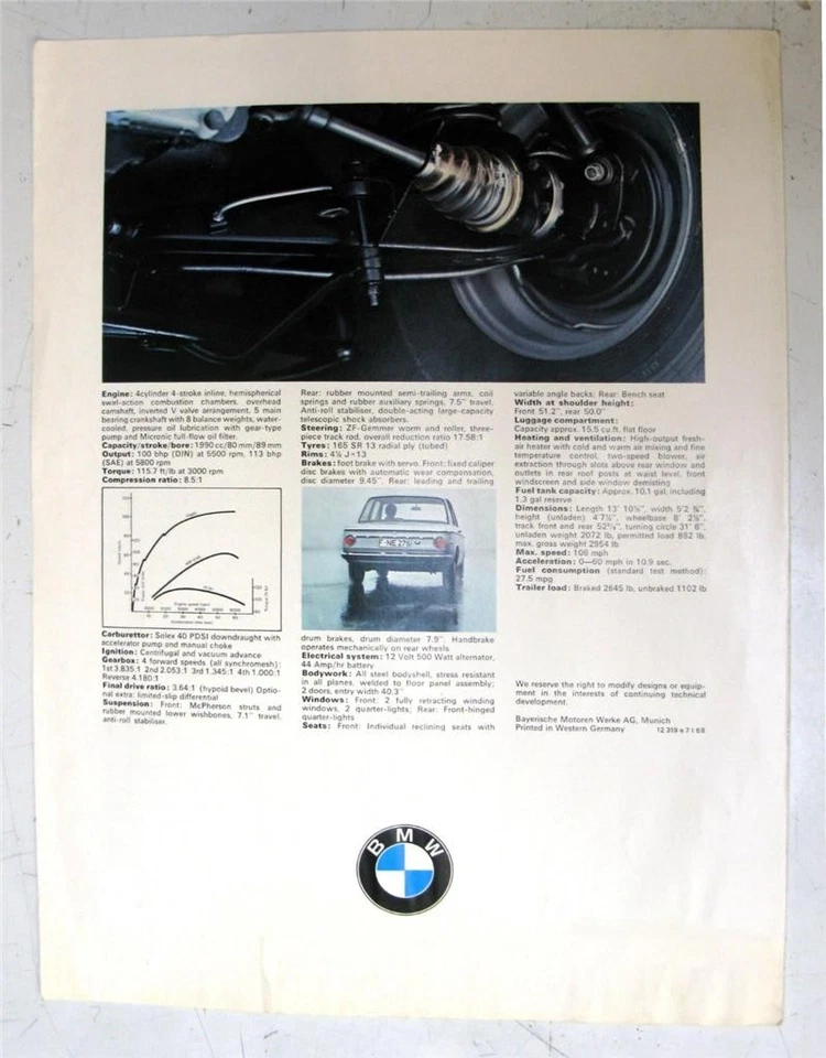 Folleto de venta de autos BMW 2002 1968 #12 316 E 7 1 68 Foto 4 de 4