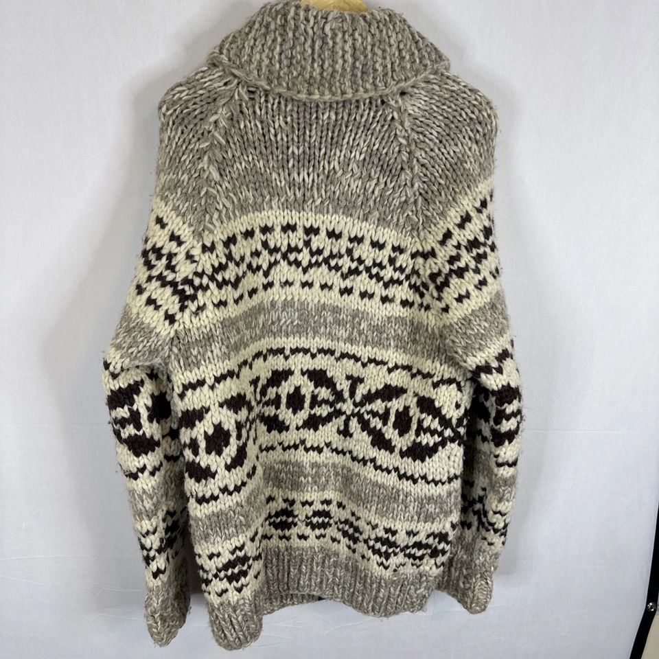 Suéter Vintage Tejido a Mano Hombres M Lana Cowichan Cremallera Beige Marrón Patrón Copo de Nieve Foto 4 de 4