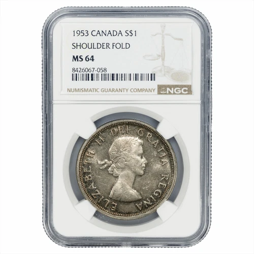 1953 Canada Silver Dollar $1 Shoulder Fold NGC MS 64
