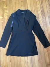 Cider V Neck Double Button MINI DRESS M BLACK Business Suit Dress Long Sleeve