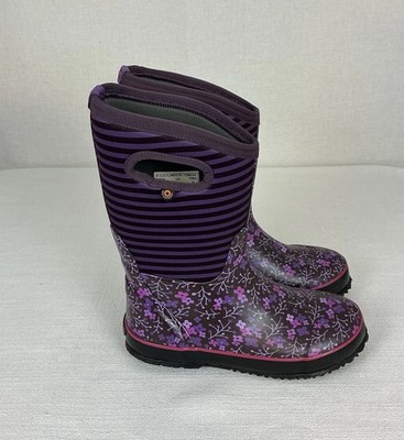 BOGS Classic Flower Purple Stripe Waterproof Rain Boots 71560-540 Youth Kids 5