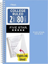 Five Star Spiral Notebook, 2 Subject, College Ruled Paper, 6" X 9-1/2", 80 Sheet