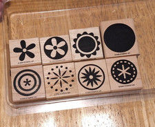 Stampin Up BIG PIECES Wood Stamp Set of 8 Flowers, Circles, Dots, 2006