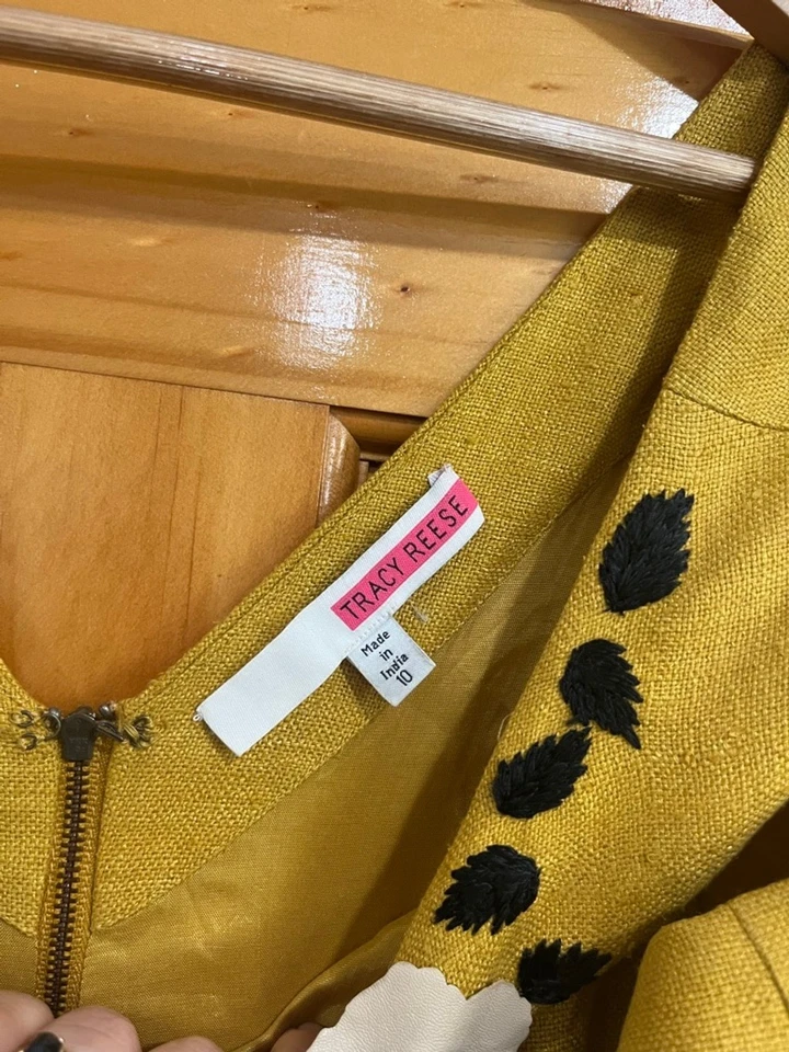 Tracy Reese Silk Dress 10 Yellow Floral Embroidered Fit & Flare Cocktail Party - Image 2 of 4