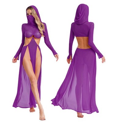 Babydoll Kleid Damen Lang Mesh Netz Partykleid High Cut Maxikleid Kapuzenkleid 