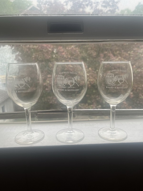 (3) Warwick Valley Winery and Distillery Wine Glasses. Excellent Condition