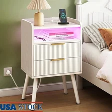 White Fluted Nightstand W/ Charging Station LED Light 2 Drawers Bedside Table US