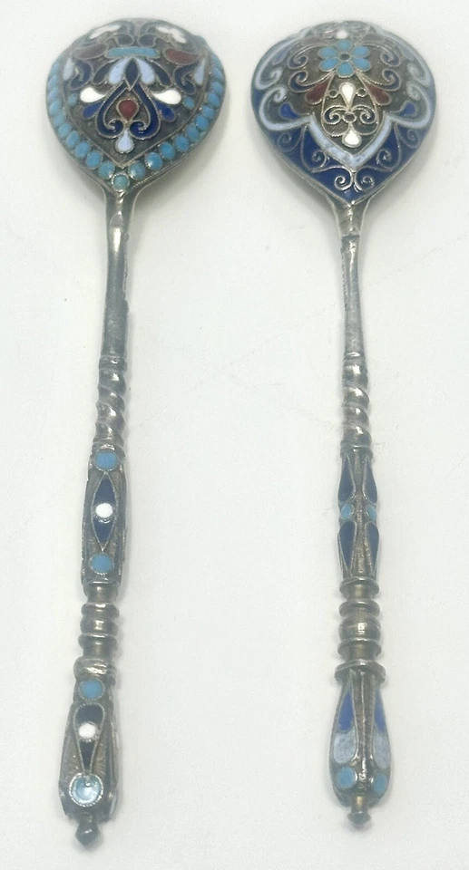 2 антикварные (1890 г.) серебряные/эмалированные ложки клуазоне 0,875 от Gustav Klingert - Изображение 4 из 4