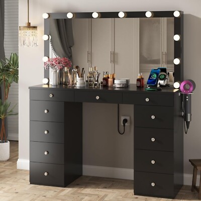 modern black dressing table Humply Black Leather Makeup Vanity Set with Mirror