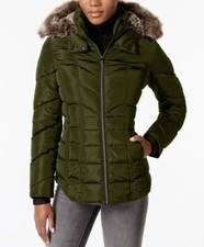 Nwt Nautica Faux-fur-trim Puffer Coat Military Green Size Xs~msrp$195